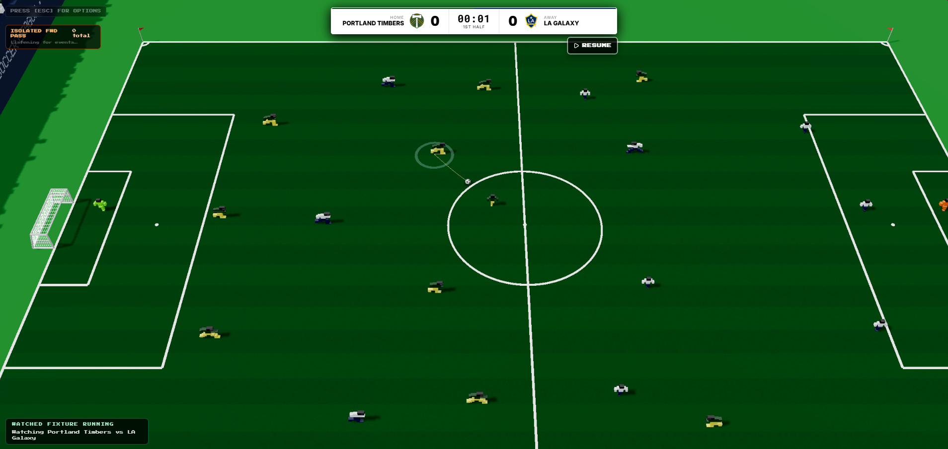Pixel Soccer League gameplay: Portland Timbers face LA Galaxy on a pixel-style soccer pitch