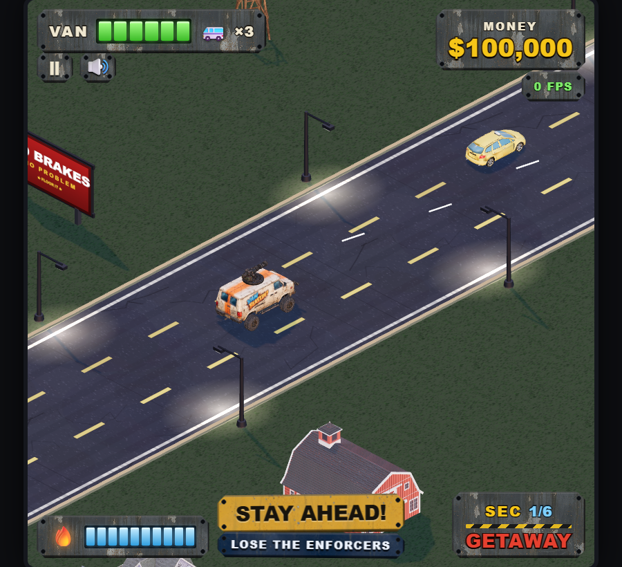 Van Blastin gameplay: a van on an angled highway with vehicle health, money, and getaway HUD visible